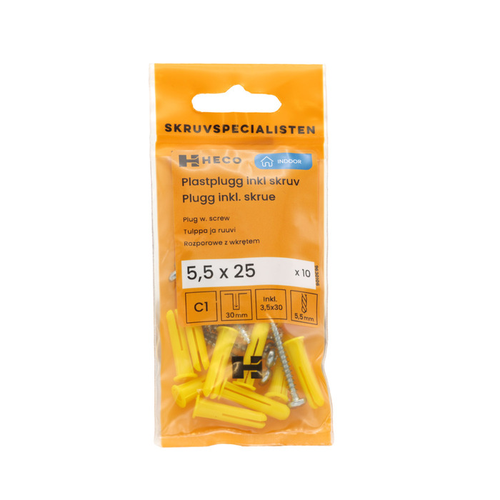 Plastplugg Gul 5,5 x 25 mm inkl. skruv 10-pack Heco